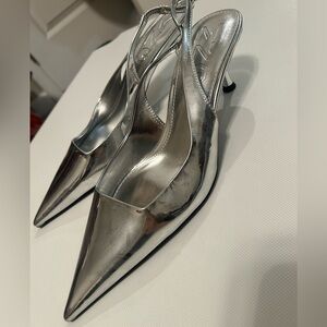 Mango Chrome Silver Slingback Kitten Women's Heels